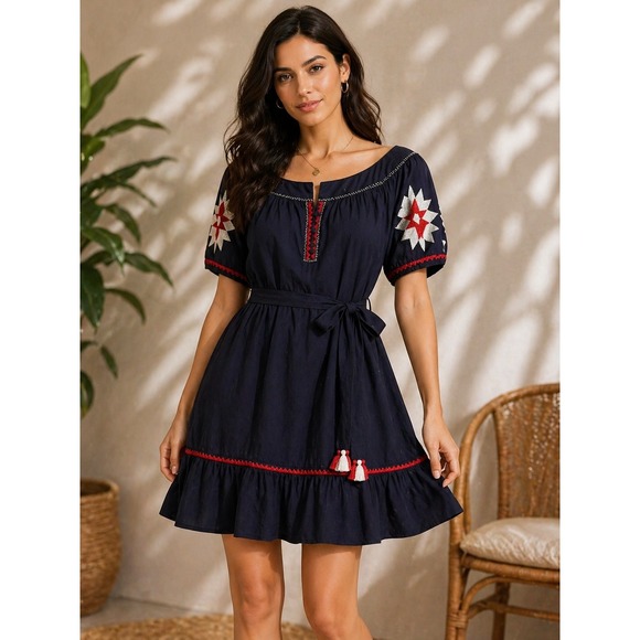 Tory Burch Dresses & Skirts - Tory Burch Alicia Dress Navy Sea Embroidered Cotton Mini Tassel Belt 8 NEW 38321
